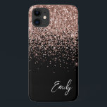 Funda Para iPhone 11 Monograma del Purpurina de oro rosa de Rubor negro<br><div class="desc">Girly Black y Rosa Gold - Rubor Pink Faux Sparkle y Dripping Purpurina Cepillaron el nombre Metalizado del monograma y el teléfono inicial. Esto hace que el dulce perfecto cumpleaños 16, boda, ducha de novia, aniversario, ducha de bebé o fiesta de soltera sea regalo para alguien que ama el lujo...</div>