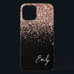 Funda Para iPhone 12 Monograma del Purpurina de oro rosa de Rubor negro<br><div class="desc">Girly Black y Rosa Gold - Rubor Pink Faux Sparkle y Dripping Purpurina Cepillaron el nombre Metalizado del monograma y el teléfono inicial. Esto hace que el dulce perfecto cumpleaños 16, boda, ducha de novia, aniversario, ducha de bebé o fiesta de soltera sea regalo para alguien que ama el lujo...</div>