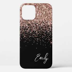 Funda Para iPhone 12 Monograma del Purpurina de oro rosa de Rubor negro