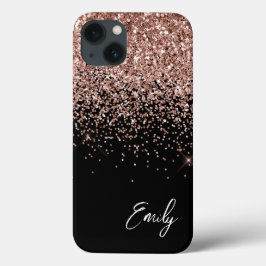 Funda Para iPhone 13 Monograma del Purpurina de oro rosa de Rubor negro