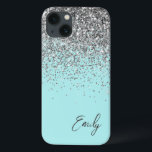 Funda Para iPhone 13 Monograma del Purpurina Girly Aqua Blue Silver<br><div class="desc">Girly Aqua Blue - Brocha de Faux y Purpurina de goteo cepillado nombre de monograma Metalizado y teléfono inicial. Esto hace que el dulce perfecto cumpleaños 16, boda, ducha de novia, aniversario, ducha de bebé o fiesta de soltera sea regalo para alguien que ama el lujo glam y los estilos...</div>