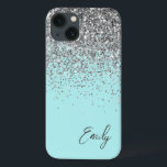 Funda Para iPhone 13 Monograma del Purpurina Girly Aqua Blue Silver<br><div class="desc">Girly Aqua Blue - Brocha de Faux y Purpurina de goteo cepillado nombre de monograma Metalizado y teléfono inicial. Esto hace que el dulce perfecto cumpleaños 16, boda, ducha de novia, aniversario, ducha de bebé o fiesta de soltera sea regalo para alguien que ama el lujo glam y los estilos...</div>