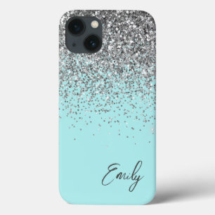 Funda Para iPhone 13 Monograma del Purpurina Girly Aqua Blue Silver