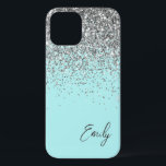 Funda Para iPhone 12 Monograma del Purpurina Girly Aqua Blue Silver<br><div class="desc">Girly Aqua Blue - Brocha de Faux y Purpurina de goteo cepillado nombre de monograma Metalizado y teléfono inicial. Esto hace que el dulce perfecto cumpleaños 16, boda, ducha de novia, aniversario, ducha de bebé o fiesta de soltera sea regalo para alguien que ama el lujo glam y los estilos...</div>