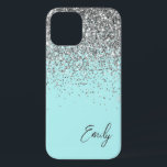 Funda Para iPhone 12 Monograma del Purpurina Girly Aqua Blue Silver<br><div class="desc">Girly Aqua Blue - Brocha de Faux y Purpurina de goteo cepillado nombre de monograma Metalizado y teléfono inicial. Esto hace que el dulce perfecto cumpleaños 16, boda, ducha de novia, aniversario, ducha de bebé o fiesta de soltera sea regalo para alguien que ama el lujo glam y los estilos...</div>