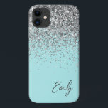 Funda Para iPhone 11 Monograma del Purpurina Girly Aqua Blue Silver<br><div class="desc">Girly Aqua Blue Silver Faux Sparkle y Dripping Purpurina Cepillaron el nombre Metalizado del Monograma y el teléfono inicial. Esto hace que el dulce perfecto cumpleaños 16, boda, ducha de novia, aniversario, ducha de bebé o fiesta de soltera sea regalo para alguien que ama el lujo glam y los estilos...</div>
