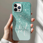 Funda Para iPhone 12 Monograma del Purpurina Girly Verde azulado<br><div class="desc">Funda De Nombre Monograma Purpurina Girly. Este diseño se acentúa con una textura falsa purpurina. Personalice este diseño personalizado con su propio nombre y monograma inicial.</div>