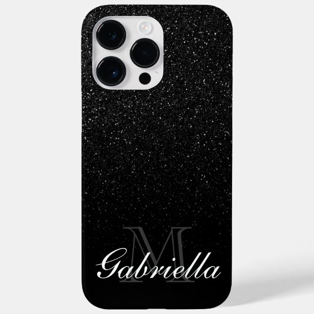 Funda De Case-Mate Para iPhone Monograma del Purpurina negro (Reverso)
