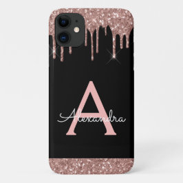 Funda Para iPhone 11 Monograma del Purpurina negro rosado Rosa Rubor Go
