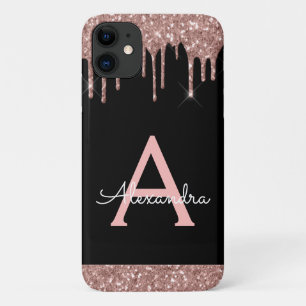 Funda Para iPhone 11 Monograma del Purpurina negro rosado Rosa Rubor Go