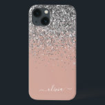 Funda Para iPhone 13 Monograma del Purpurina plateado rosa de la rosa r<br><div class="desc">Oro Rosa - Purpurina Rubor Rosado y Plata Faux Sparkle y Dripping Cepillado Nombre de Monograma Metalizado y teléfono inicial. Esto hace que el dulce perfecto cumpleaños 16, boda, ducha de novia, aniversario, ducha de bebé o fiesta de soltera sea regalo para alguien que ama el lujo glam y los...</div>