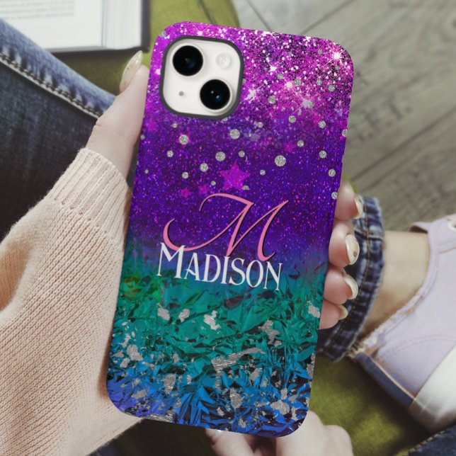 Funda De Case-Mate Para iPhone Monograma del purpurina púrpura azul puro (Subido por el creador)