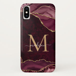 Funda Para iPhone X Monograma del Purpurina rojo borgoña Agate Gemston