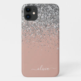 Funda Para iPhone 11 Monograma del Purpurina Rosa Rubor color plata ros