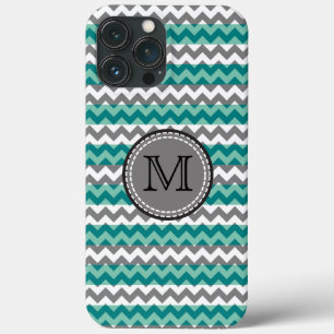 Funda Para iPhone 13 Pro Max Monograma del zigzag de chevron turquesa y gris