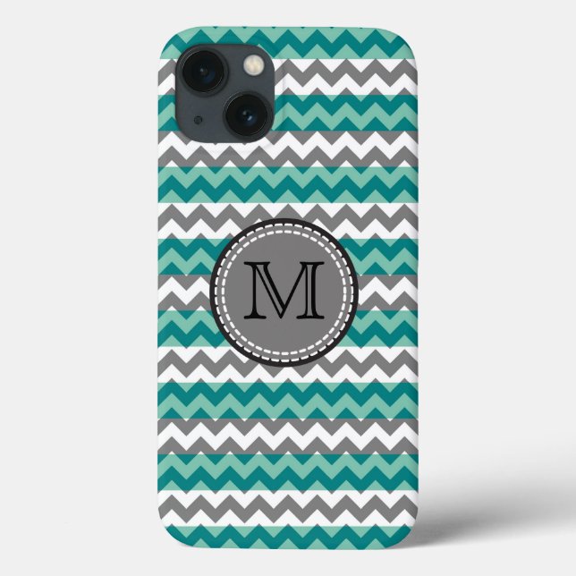 Funda De Case-Mate Para iPhone Monograma del zigzag de chevron turquesa y gris (Reverso)