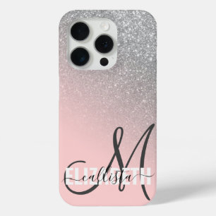Funda Para iPhone 15 Pro Monograma diagonal de gradiente de ocmbre rosado R