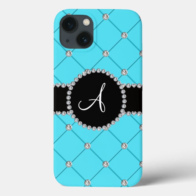 Funda De Case-Mate Para iPhone Monograma diamantes azul claro (Reverso)