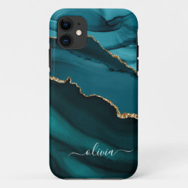 Funda Para iPhone 11 Monograma dorado de geoda de ágata verde azul acuá