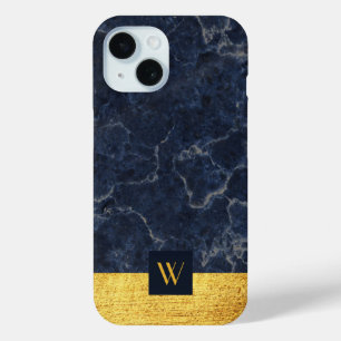 Funda Para iPhone 15 Monograma Dorado de Mármol Azul Elegante