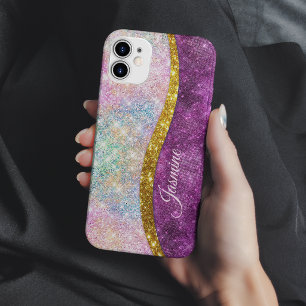 Funda Para iPhone 13 Monograma dorado fucsia iridiscente lindo y falso