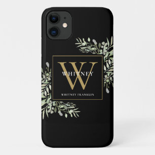 Funda Para iPhone 11 Monograma Dorado Negro Elegante Modernidad Verde