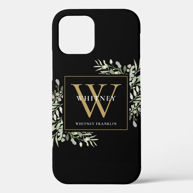 Funda De Case-Mate Para iPhone Monograma dorado negro Elegante vegetación moderna (Reverso )