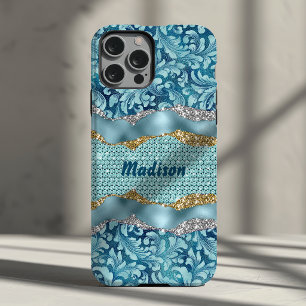 Funda Para iPhone 13 Monograma dorado turquesa turquesa floral chic con