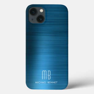 Funda Para iPhone 13 Monograma Elegante Azul Metal Cepillado