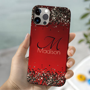 Funda Para iPhone 11 Pro Monograma elegante con brillo rojo negro y dorado
