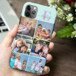 Funda Para iPhone 11 Pro Max Monograma elegante de guión 6 de la foto de la Cas<br><div class="desc">Estuche para iPhone elegante y femenino personalizado en verde menta, lila y gris, con 6 de tus fotos favoritas y tu monograma. Este diseño de bonito tiene una inicial audaz con tipografía manuscrita para su nombre. La plantilla de fotos está configurada para agregar 6 imágenes que se muestran en formato...</div>