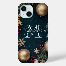 Funda Para iPhone 15 Monograma elegante de Navidades azul oscuro