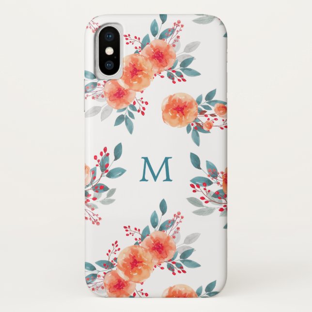 Funda De Case-Mate Para iPhone Monograma Elegante de Peach y Floral Verde (Reverso)