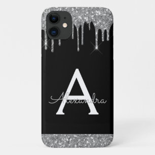 Funda Para iPhone 11 Monograma elegante de Purpurina negro plateado