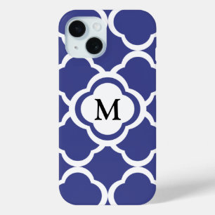 Funda Para iPhone 15 Monograma elegante del patrón de quatrefoil azul