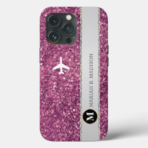 Funda Para iPhone 13 Pro Monograma elegante del Purpurina rosado plateado