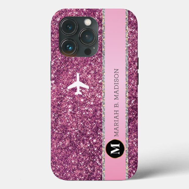 Funda De Case-Mate Para iPhone Monograma elegante del Purpurina rosado plateado (Reverso )