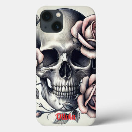 Funda Para iPhone 13 Monograma Elegante Floral Skeleton Roses rosados