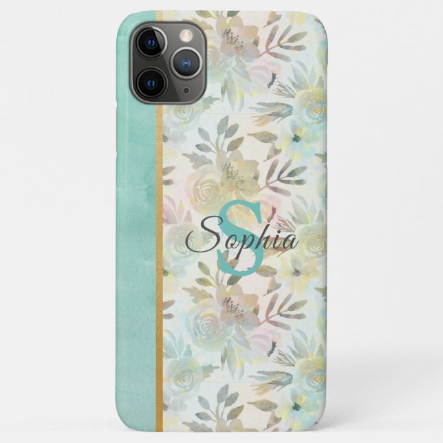Funda De Case-Mate Para iPhone Monograma Elegante Mint Verde acuarela Floral (Reverso)