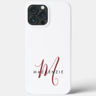 Funda Para iPhone 13 Pro Max Monograma elegante moderno en blanco y rojo con le