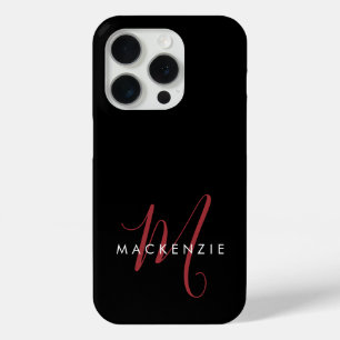 Funda Para iPhone 15 Pro Monograma elegante moderno en negro y rojo