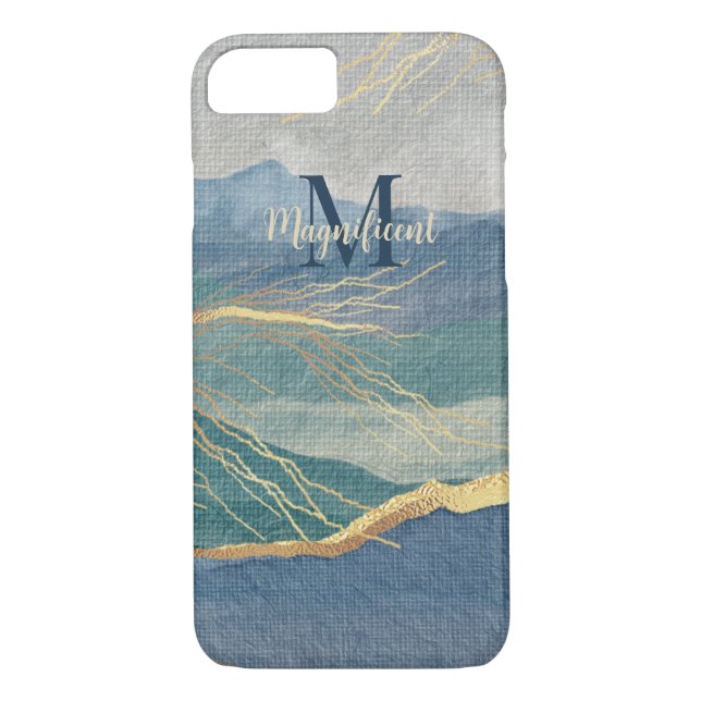 Funda De Case-Mate Para iPhone Monograma Elegante Oro Azul Paisaje Arte (Reverso)