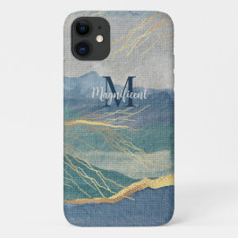 Funda Para iPhone 11 Monograma Elegante Oro y Hues de Paisaje Azul Arte