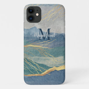 Funda Para iPhone 11 Monograma Elegante Oro y Hues de Paisaje Azul Arte