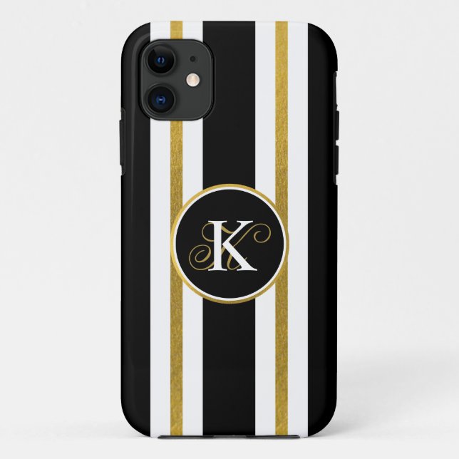 Funda De Case-Mate Para iPhone Monograma elegante personalizado de franjas de oro (Reverso)