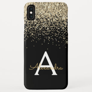 Funda Para iPhone XS Max Monograma elegante Purpurina de lujo negro de oro