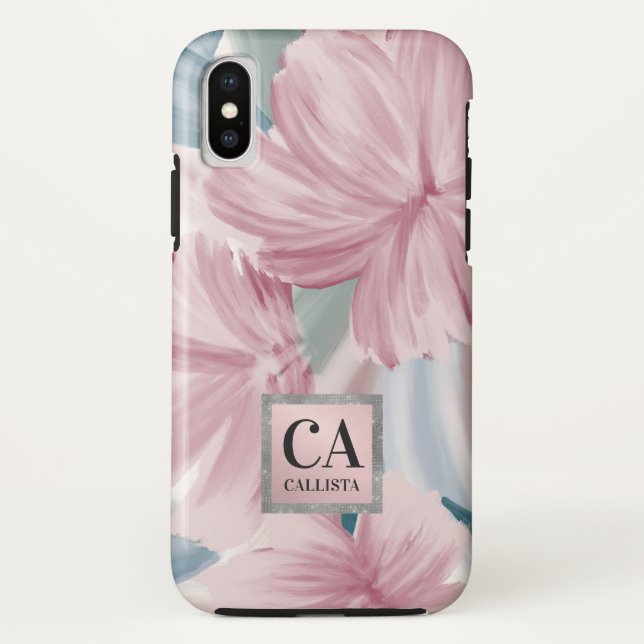 Funda De Case-Mate Para iPhone Monograma elegante Purpurina floral rosa plateado  (Reverso)