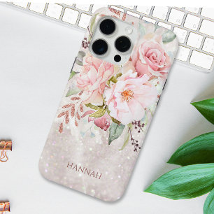 Funda Para iPhone 15 Pro Max Monograma Elegante Rosa Flor de Peonía Mármol