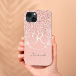 Funda Para iPhone 13 Monograma elegante Rosa Purpurina de oro