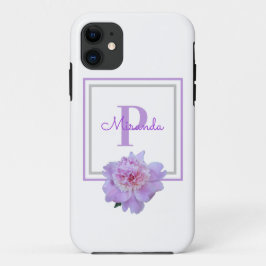 Funda Para iPhone 11 Monograma enmarcado Peony Rosa Flor Pil Pil Púrpur